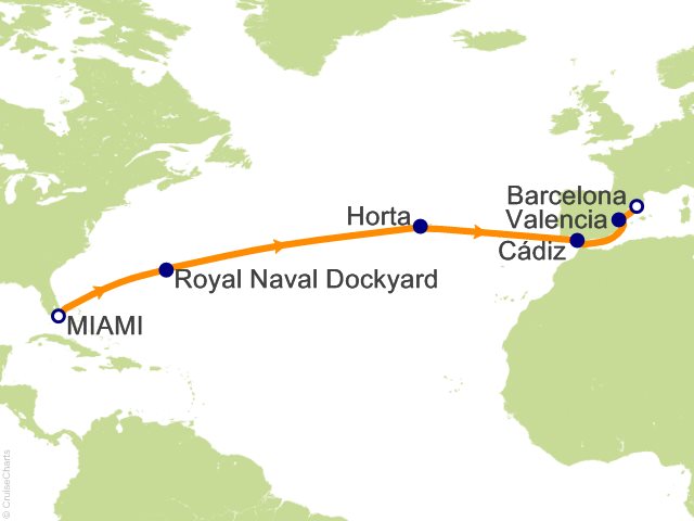 RSSC Regent Seven Seas Voyager Itinerary 2028 Map Cruises 14 Night Exuberant Bermuda and Azores   Miami to Barcelona Cruise