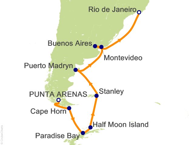 RSSC Regent Seven Seas Voyager Itinerary 2028 Map Cruises 16 Night Edge of the Earth   Punta Arenas to Rio de Janeiro Cruise