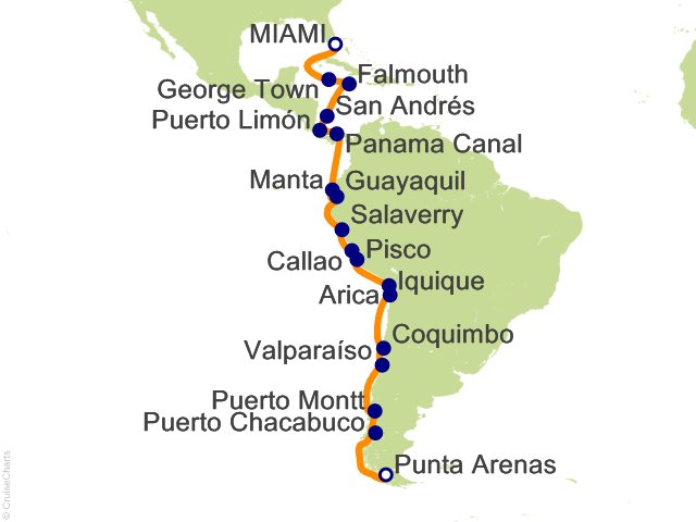 RSSC Regent Seven Seas Voyager Itinerary 2028 Map Cruises 28 Night Tropics to Tierra del Fuego   Miami to Punta Arenas Cruise