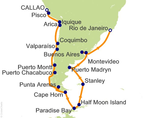 RSSC Regent Seven Seas Voyager Itinerary 2028 Map Cruises 30 Night Verdant Empire   Lima (Callao) to Rio de Janeiro Cruise
