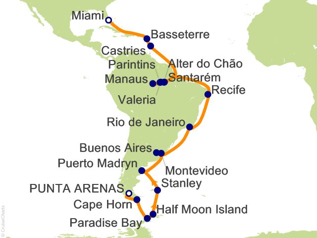 RSSC Regent Seven Seas Voyager Itinerary 2028 Map Cruises 37 Night Myths of the Meridian   Punta Arenas to Miami Cruise