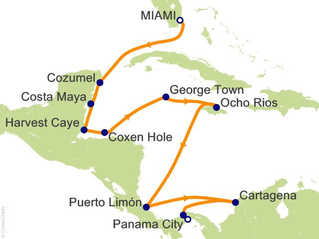 Regent Seven Seas Splendor Cruises RSSC Map 2027 14 Night Tropical Treasures   Miami to Panama City Cruise