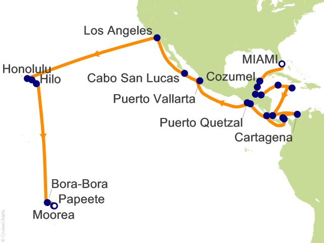 Regent Seven Seas Splendor Cruises RSSC Map 2027 42 Night Tides to Tahiti   Miami to Papeete Cruise