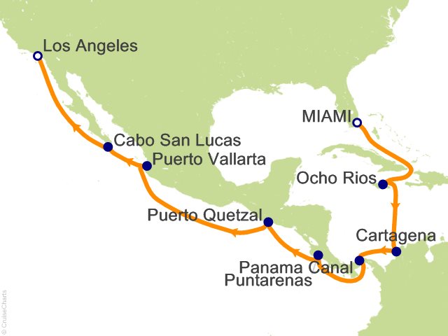Regent Seven Seas Splendor Cruises RSSC Map 2027 16 Night Holiday in Panama   Miami to Los Angeles Cruise
