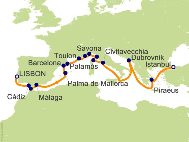 Regent Seven Seas Splendor Cruises RSSC Map 2027 23 Night Coastal Harmony   Lisbon to Istanbul Cruise