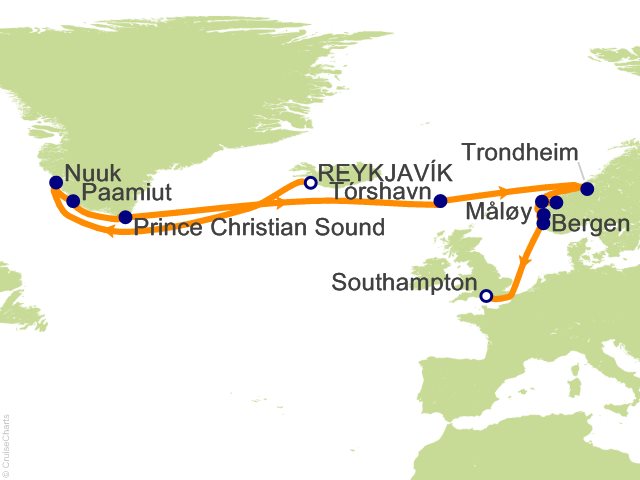 Regent Seven Seas Splendor Cruises RSSC Map 2027 16 Night Picture Perfect Fjords   Reykjavik to London (Southampton) Cruise