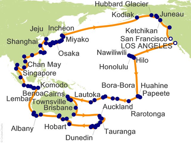 Regent Seven Seas Splendor Cruises RSSC Map 2028 133 Night Legends of the Pacific   Los Angeles to San Francisco Cruise