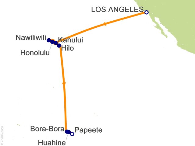 Regent Seven Seas Splendor Cruises RSSC Map 2028 17 Night Shores of Kamehameha   Los Angeles to Papeete (Tahiti) Cruise