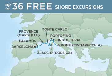 Just Regent Seven Seas Cruises Map Barcelona, Spain to Rome (Civitavecchia), Italy