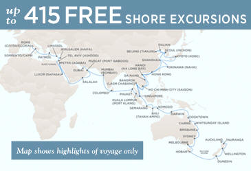 Luxury World Cruise SHIP BIDS - Regent CRUISE SHIP Voyager 2025 Map January 17 May 18 2025 - 121 Days