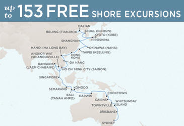 Luxury World Cruise SHIP BIDS - Regent CRUISE SHIP Voyager 2025 Map February 1 March 21 2025 - 48 Days