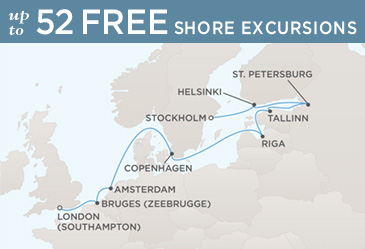 Luxury World Cruise SHIP BIDS - Regent CRUISE SHIP Voyager 2025 Map LONDON (SOUTHAMPTON) TO STOCKHOLM