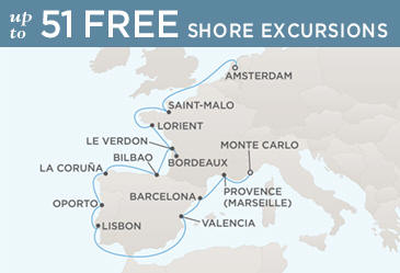 Regent Seven Seas Cruises Voyager 2014 Map AMSTERDAM TO MONTE CARLO