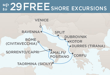 Deluxe Honeymoon Cruises Regent Seven Seas Mariner 2014 World Cruise Map VENICE TO ROME (CIVITAVECCHIA)