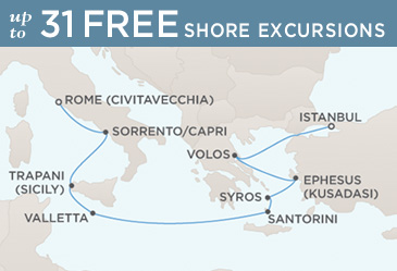 Luxury World Cruise SHIP BIDS - Regent Seven Seas Mariner 2025 Luxury World Cruise SHIP Map ROME (CIVITAVECCHIA) TO ISTANBUL