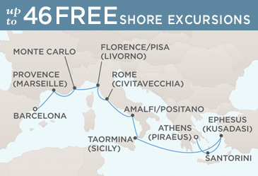 Deluxe Honeymoon Cruises Regent Seven Seas Mariner 2014 World Cruise Map ATHENS (PIRAEUS) TO BARCELONA