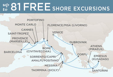 Cruise Single-Solo Balconies and Suites Regent Seven Seas Mariner Ship World Cruise Map ATHENS (PIRAEUS) TO VENICE