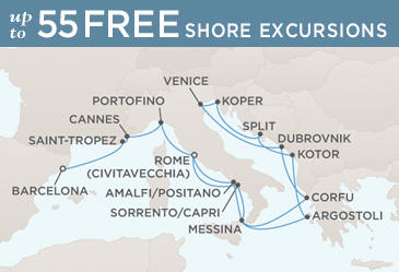7 Seas Luxury Cruises - Regent Seven Seas Mariner World Cruise Map BARCELONA TO ROME (CIVITAVECCHIA)