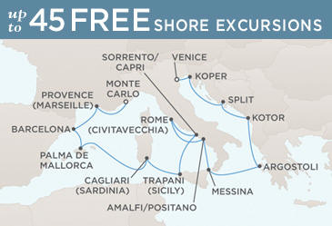 Cruise Single-Solo Balconies and Suites Regent Seven Seas Mariner Ship World Cruise Map VENICE TO MONTE CARLO