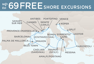 Cruise Single-Solo Balconies and Suites Regent Seven Seas Mariner Ship World Cruise Map VENICE TO BARCELONA