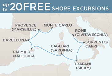 Cruise Single-Solo Balconies and Suites Regent Seven Seas Mariner Ship World Cruise Map ROME (CIVITAVECCHIA) TO MONTE CARLO