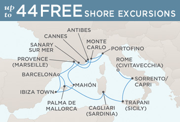 ALL SUITES CRUISE SHIPS - Regent Seven Seas Mariner 2024 World Cruise SUITES Map ROME (CIVITAVECCHIA) TO BARCELONA