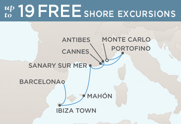 Radisson Seven Seas Mariner 2021 World Cruise Map MONTE CARLO TO BARCELONA