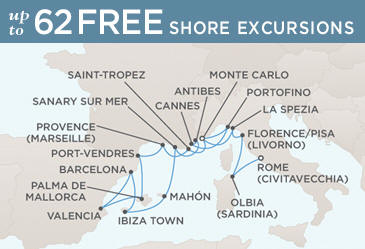 Luxury World Cruise SHIP BIDS - Regent Seven Seas Mariner 2025 Luxury World Cruise SHIP Map MONTE CARLO TO ROME (CIVITAVECCHIA)