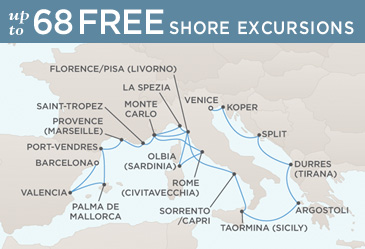 Deluxe Honeymoon Cruises Regent Seven Seas Mariner 2014 World Cruise Map BARCELONA TO VENICE