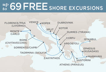 Cruise Single-Solo Balconies and Suites Regent Seven Seas Mariner Ship World Cruise Map ROME (CIVITAVECCHIA) TO ISTANBUL