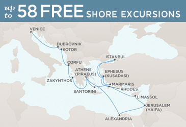 Cruise Single-Solo Balconies and Suites Regent Seven Seas Mariner Ship World Cruise Map VENICE TO ATHENS (PIRAEUS)