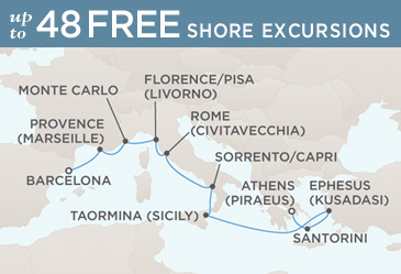 7 Seas Luxury Cruises - Regent Seven Seas Mariner World Cruise Map ATHENS (PIRAEUS) TO BARCELONA