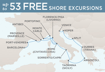 Deluxe Honeymoon Cruises Regent Seven Seas Mariner 2014 World Cruise Map BARCELONA TO VENICE
