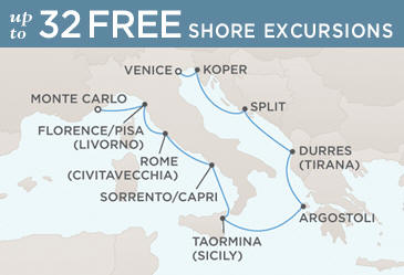 Radisson Seven Seas Mariner 2021 World Cruise Map MONTE CARLO TO VENICE