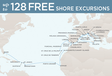 Radisson Seven Seas Mariner 2021 World Cruise Map ROME (CIVITAVECCHIA) TO MIAMI