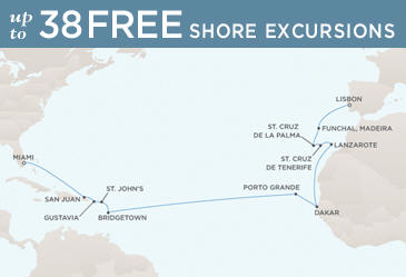 Radisson Seven Seas Mariner 2021 World Cruise Map LISBON TO MIAMI