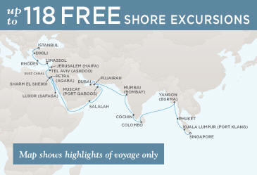 Cruise Single-Solo Balconies and Suites Regent CRUISE Voyager 2013 Map November 12 December 22 2013 - 40 Nights