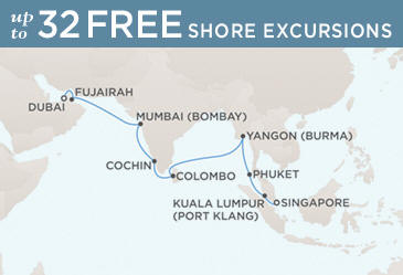 Luxury World Cruise SHIP BIDS - Regent CRUISE SHIP Voyager 2024 Map December 3-22 2024 - 19 Days