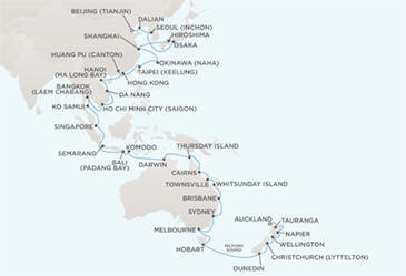Luxury World Cruise SHIP BIDS - Route Map CRUISE SHIP BIDS Regent CRUISE SHIP Voyager RSSC January 9 March 16 2024 - 66 Days