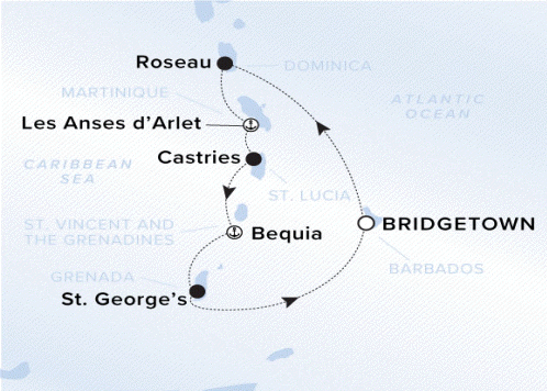 The Ritz-Carlton Evrima A map showing the Atlantic Ocean and Caribbean Sea. A line shows the voyage route from Bridgetown to Roseau, Les Anses d'Arlet, Castries, Bequia, St. George's and Bridgetown.