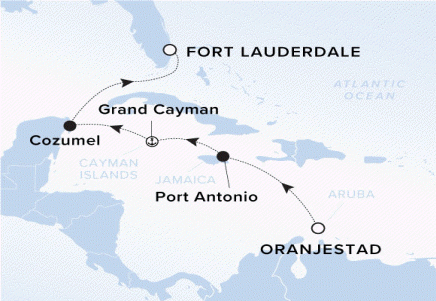 The Ritz-Carlton Evrima A map showing the Atlantic Ocean and Caribbean Sea. A line shows the voyage route from Oranjestad to Port Antonio, Grand Cayman, Cozumel and Fort Lauderdale.