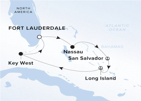A map showing the Atlantic Ocean and Caribbean Sea. A line shows the voyage route from Fort Lauderdale to Nassau, San Salvador, Long Island, Key West and Fort Lauderdale.