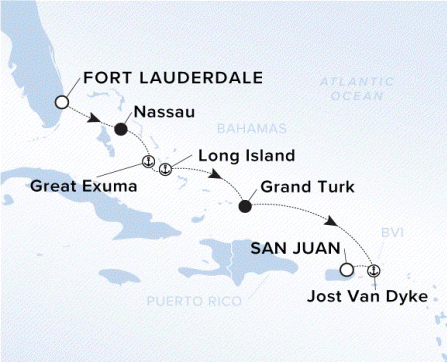 The Ritz-Carlton Evrima A map showing the Atlantic Ocean and Caribbean Sea. A line shows the voyage route from Fort Lauderdale to Nassau, Great Exuma, Long Island, Grand Turk, Jost Van Dyke and San Juan.