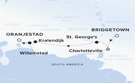 The Ritz-Carlton Evrima A map showing the Caribbean Sea and South America. A line shows the voyage path from Bridgetown to Charlotteville, St. George's, Kralendijk, Willemstad, and Oranjestad.