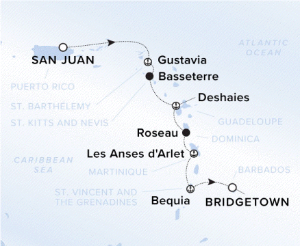 The Ritz-Carlton Evrima A map showing the Atlantic Ocean and Caribbean Sea. A line shows the voyage route from San Juan to Gustavia, Basseterre, Deshaies, Roseau, Les Anses d'Arlet, Bequia and Bridgetown.