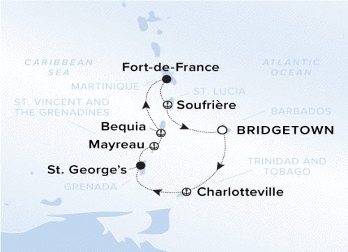 The Ritz-Carlton Evrima A map showing the Atlantic Ocean and Caribbean Sea. A line shows the voyage route from Bridgetown to Charlotteville, St. George's, Mayreau, Bequia, Fort-de-France, Soufrire and Bridgetown.