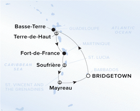 The Ritz-Carlton Evrima A map showing the Atlantic Ocean and Caribbean Sea. A line shows the voyage route from Bridgetown to Basse-Terre, Terre-de-Haut, Fort-de-France, Soufrire, Mayreau and Bridgetown.