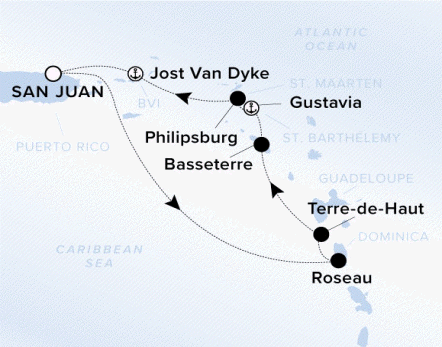 The Ritz-Carlton Evrima A map showing the Caribbean Sea. A line shows the voyage path from San Juan to Roseau, Terre-de-Haut, Basseterre, Gustavia, Philipsburg, Jost Van Dyke and back to San Juan.