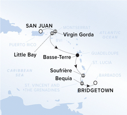 The Ritz-Carlton Evrima A map of the Caribbean Sea. A line shows the voyage path from San Juan to Virgin Gorda, Little Bay, Basseterre, Soufrire, Bequia, and Bridgetown.