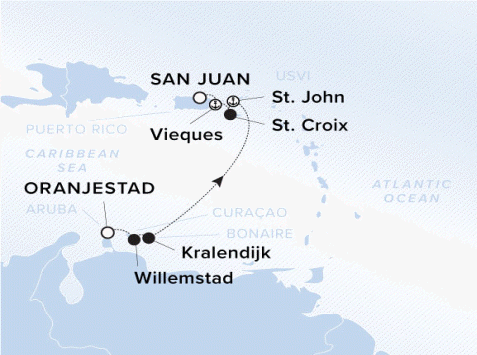The Ritz-Carlton Evrima A map of the Caribbean Sea and Atlantic Ocean. A line shows the voyage path from Oranjestad to Willemstad, Kralendijk, St. John, St. Croix, Vieques and San Juan.